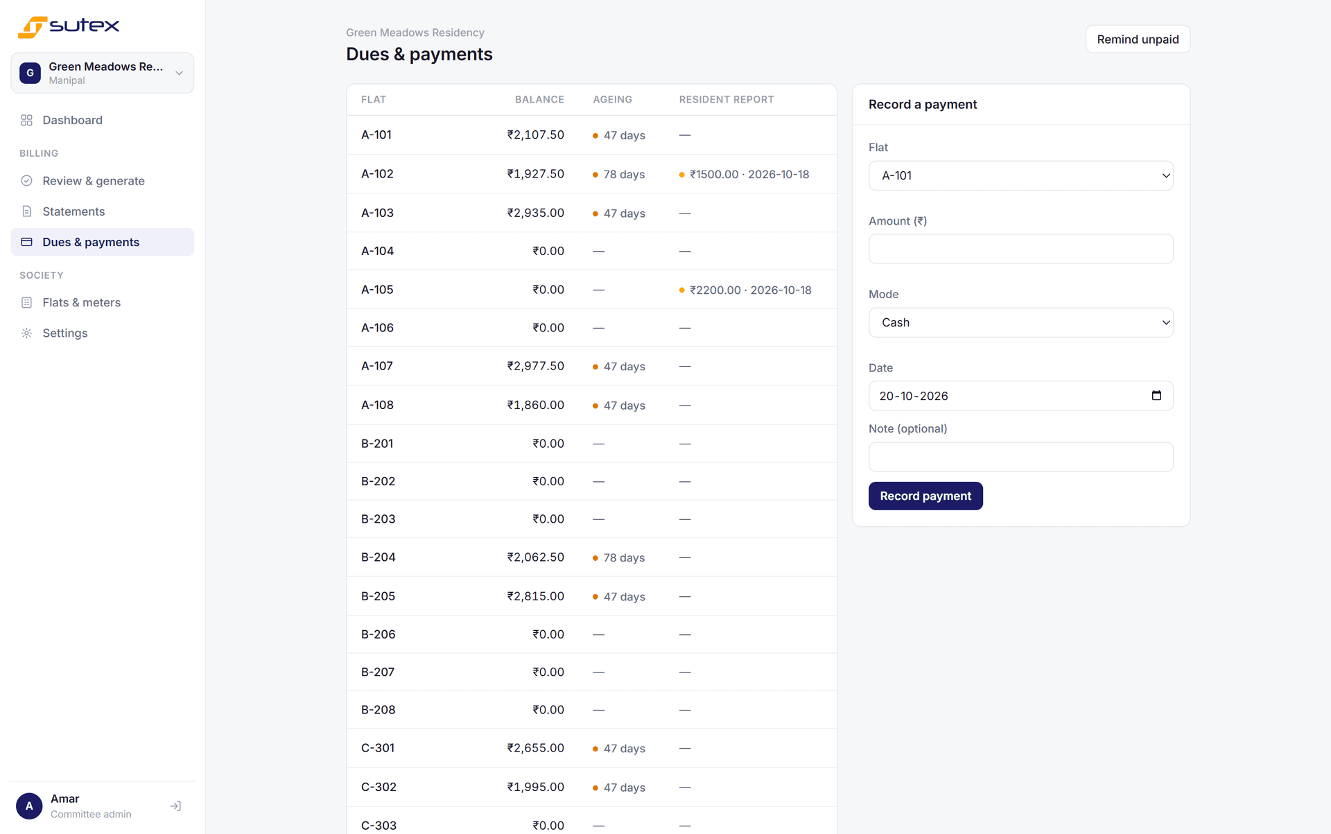 ApartMeter dues and payments board showing per-flat balances, ageing and payment recording