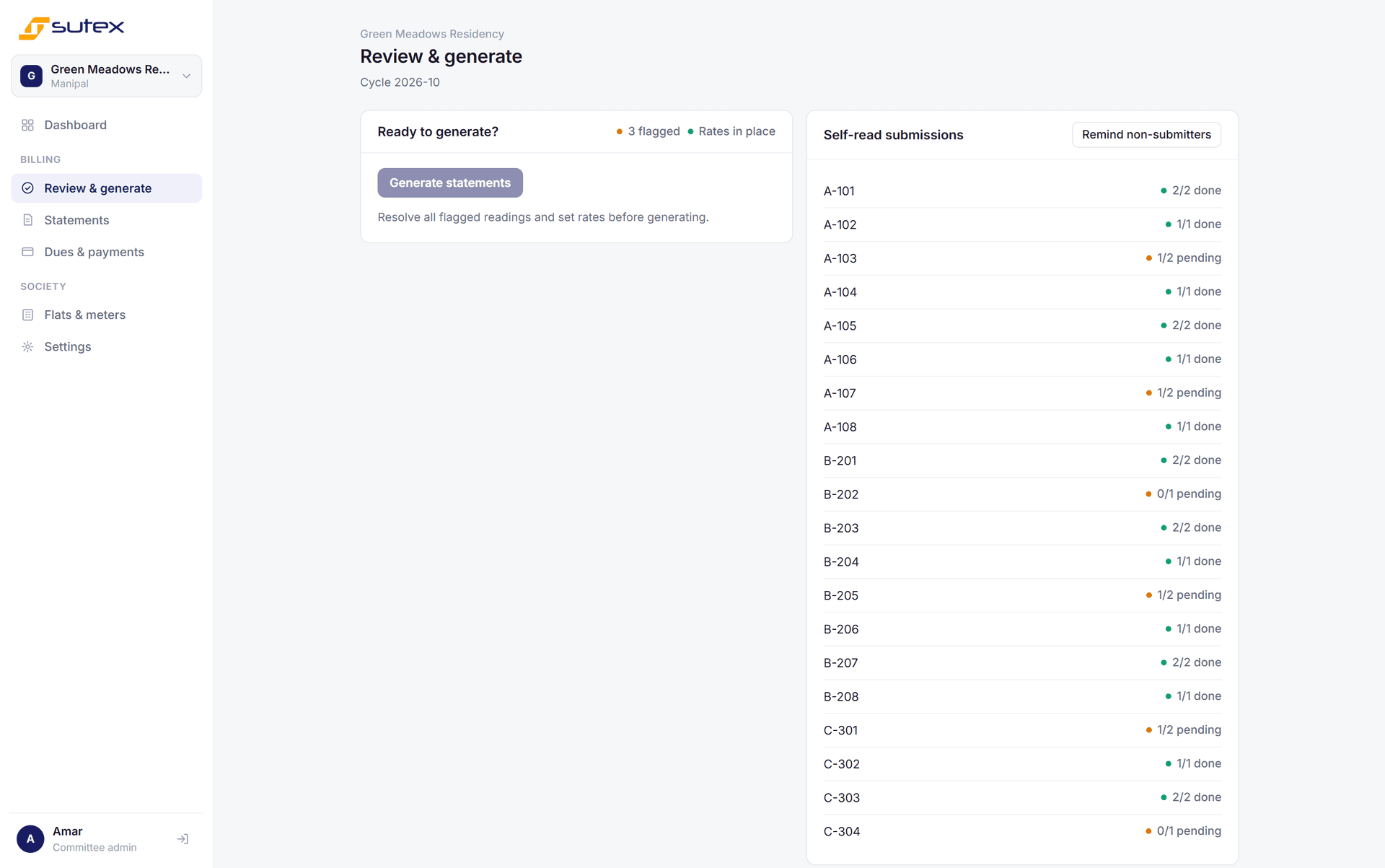 ApartMeter committee panel showing self-read submissions and flagged readings ready to generate